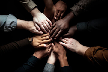 All hands together, united diversity or multi-cultural partnership in a group - obrazy, fototapety, plakaty