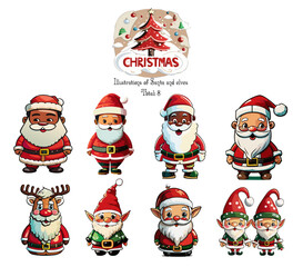 Joyful Santa and his merry elves prepare gifts for Christmas - perfect Christmas illustrations for holiday cards, decorations, and more