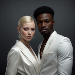 Portrait of a pale blond woman and a black man elegently dressed in pure white, looking at the...