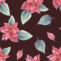 Watercolor painted illustration of red poinsettia, pulcherrima flowers, leaves seamless pattern. Traditional plant for Christmas or New Year decor, gift wrapping, cover art. Isolated, dark background