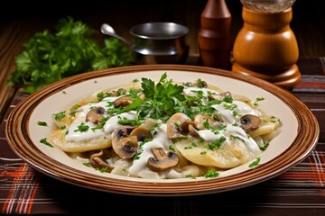 Fresh ukrainian vareniki served with and mushrooms