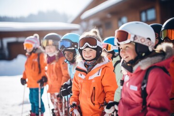 Winter sport, ski school children hear their coach. Children learning how to ski . Ski holiday weekend. Happy kids. Outdoors. - obrazy, fototapety, plakaty
