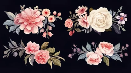 Poster collection of soft pastel peonies and roses flowers isolated on a transparent background © Damerfie