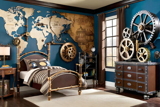 Steampunk interior. Creative design of a living room in steampunk style. Copper pipes, clocks and gears as design elements.