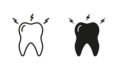 Toothache Silhouette and Line Icon Set. Teeth Pain, Oral Problem Pictogram. Tooth Ache, Sensitivity, Painful Black Symbol Collection. Dental Treatment Sign. Isolated Vector Illustration