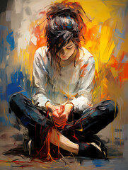 A Woman Sitting Cross Legged With Hands Tied To Her Knees - The girl sitting on a floor. Abstract Art