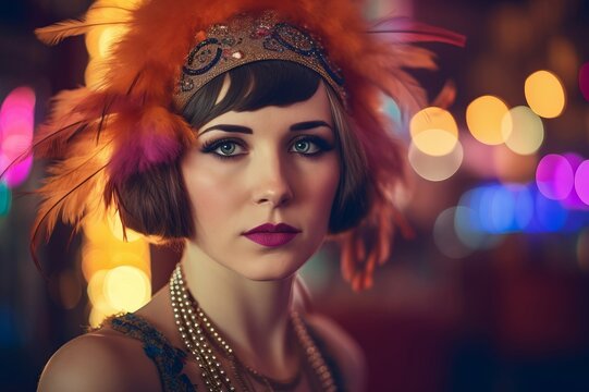 Classic flapper girl on blurred background. Elegance style glamour pretty. Generate Ai