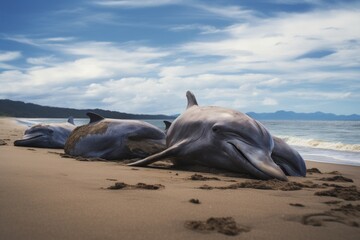 Dolphins stranded on the beach