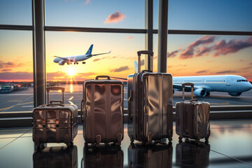 Suitcases on the background of a modern airport with a view of airplanes - obrazy, fototapety, plakaty