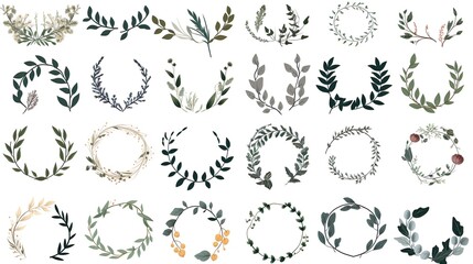 Minimalistic geometric floral empty frames. Calligraphic round or square shapes with branches and flowers. Elegant herbs or blossoms. - obrazy, fototapety, plakaty