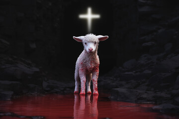 The blood of the lamb - Divine Atonement - Lamb and Cross in Harmony - Eucharistic Grace - The Lamb's Spiritual Offering - obrazy, fototapety, plakaty