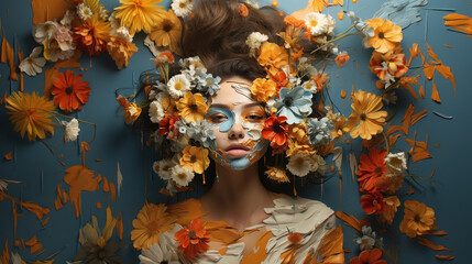 Fashion portrait of a beautiful girl with creative make-up and floral wreath.