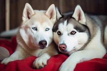 Cute huskies together photo portrait. Snow active canine indoor resting. Generate Ai