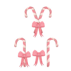 Christmas set, a composition of striped lollipops, a red bow in the shape of a heart. isolate on a white background, illustration. Template for the design of printing, postcards, textiles, prints