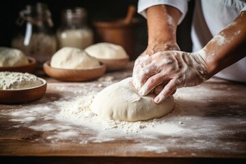 Fototapeta premium Gently rolling out bread dough by hand on a table, illustrating the artisanal and hands-on approach to bread preparation