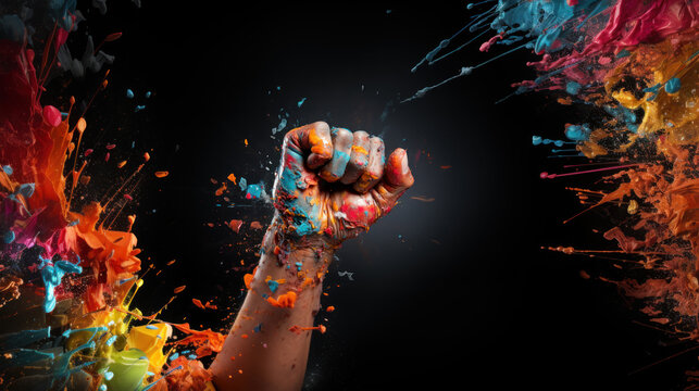 Close-up of human hand fist with paint splashes on black background.