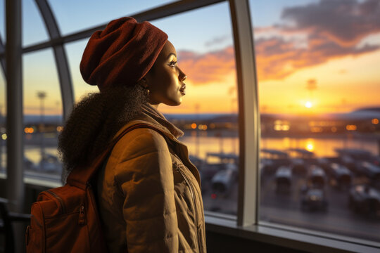 Caucasian woman looks at the planes in the window of the airport