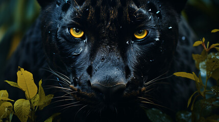 Gros plan, zoom sur une panthère noire dans la nature, avec feuillage. Animal, félin, jaguar, léopard. Conception et création graphique. - obrazy, fototapety, plakaty