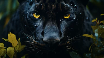 Foto op Plexiglas Gros plan, zoom sur une panthère noire dans la nature, avec feuillage. Animal, félin, jaguar, léopard. Conception et création graphique. © FlyStun