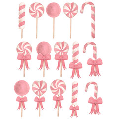 A set of watercolor Christmas lollipops with a red bow, New Year's sweets in red and white. isolate on a white background, illustration. Template for the design of printing, postcards, textiles, print