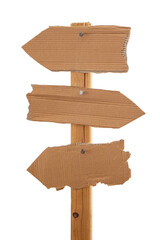 Three different directions arrow signs made of ripped cardboard on a wooden pole, isolated on white...