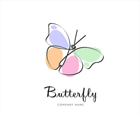 Butterfly in One continuous line drawing. Beautiful flying moth for wellbeing beauty or spa salon logo and divider concept in simple linear style. Minimalist line art butterfly logo design.