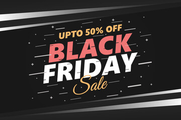 Black Friday sale banner with black background. up to 50% off. Vector business banner template design.