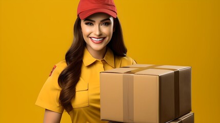 A young woman holding a parcel, reliable and secure shipping for online purchases, new beginnings, and services.