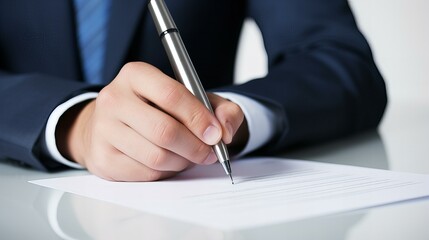 A professional businessman in a suit signing a contract, symbolizing success and legal agreements in a corporate office setting.