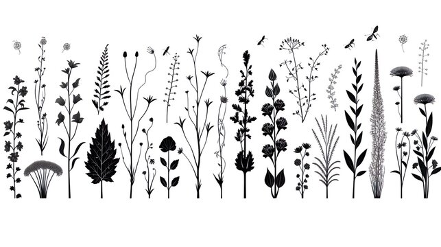 Black silhouettes of grass, flowers, herbs and various insects isolated on white background. Hand drawn sketch flowers and insects.
