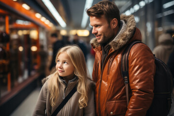 Fototapeta premium Young happy Caucasian family at airport, subway, train station, or shopping mall