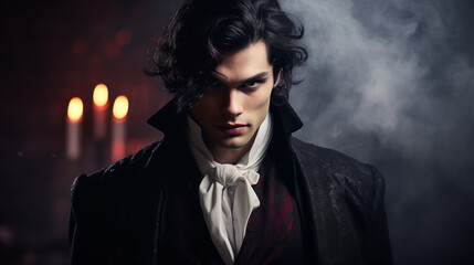 attractive male vampire in a classic suit. protagonist character of a romantic fantasy novel
