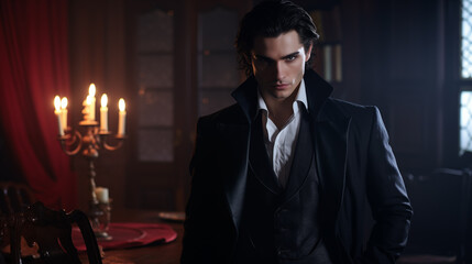 attractive male vampire in a classic suit. protagonist character of a romantic fantasy novel - obrazy, fototapety, plakaty
