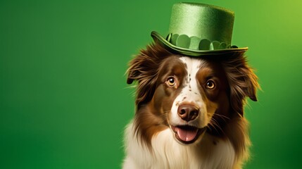 Funny dog wears a green leprechaun hat. Celebrating St. Patrick's Day in the national Irish costume. Australian Shepherd brown tricolor. Generative AI. - obrazy, fototapety, plakaty