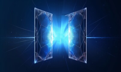 Open door digital  illustration on a blue background. Futuristic science fiction concept of doorway. Technology portal in a polygonal wireframe glowing, Generative AI - obrazy, fototapety, plakaty