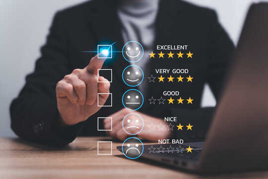 Customer Satisfaction Survey, Feedback on Quality, Rating Service Experiences On Online concept, Businesswomen give gold five-star rating feedback and top Service Business Reputation, Customer review