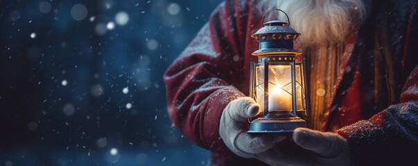 Santa Claus holding a Christmas lantern in his hand, snow blizzard, copy space, Christmas holiday banner. AI generative - obrazy, fototapety, plakaty