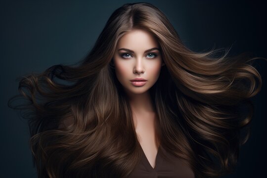 The Enchanting Beauty of a Woman with Flowing Brown Hair and Mesmerizing Blue Eyes