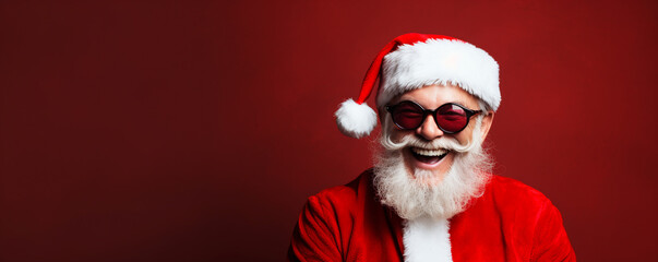 cheerful Santa Claus in glasses laughs. festive Christmas banner on red background. copy space. AI generative
