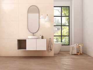 Modern minimalist bathroom interior, modern bathroom cabinet, white sink, wooden vanity, interior plants, bathroom accessories, bathtub and shower, beige walls, granite floor, vases. 3D Rendering