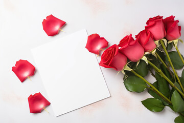 Red roses and blank card on white background. Valentine's Day background. 