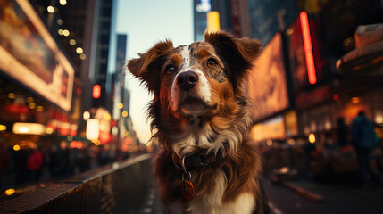 A curious dog with a fluffy coat looks up, surrounded by the busy lights and billboards of a city at twilight