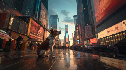 A small dog sits on a shiny city sidewalk, looking up at the tall buildings and bright screens at...