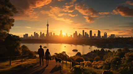 Two people and a dog walk down a path towards a cityscape silhouetted against a bright orange sunset over the water