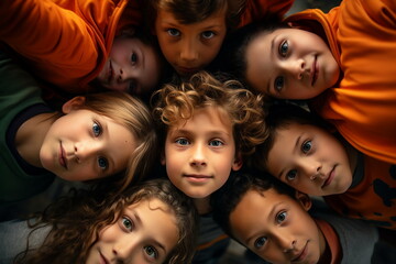 group of children looking down