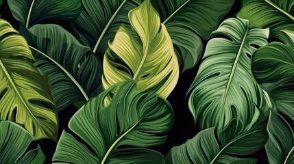 Tropical wet bright green leaves background with fern, palm and Monstera Deliciosa leaf with bright toning, floral jungle pattern concept background