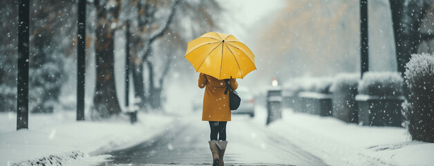 Women walking on cold day in winter through a road with umbrella and surrounded by white snow            - obrazy, fototapety, plakaty