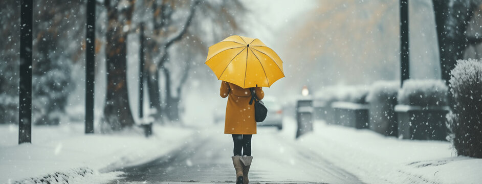 Women walking on cold day in winter through a road with umbrella and surrounded by white snow           