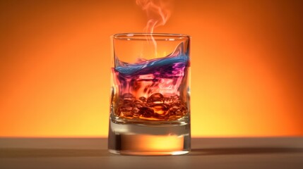 Glass of whiskey with ice cubes on a wooden table and orange background