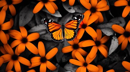 Monarch butterfly, flying in different directions. Butterflies side and top view.